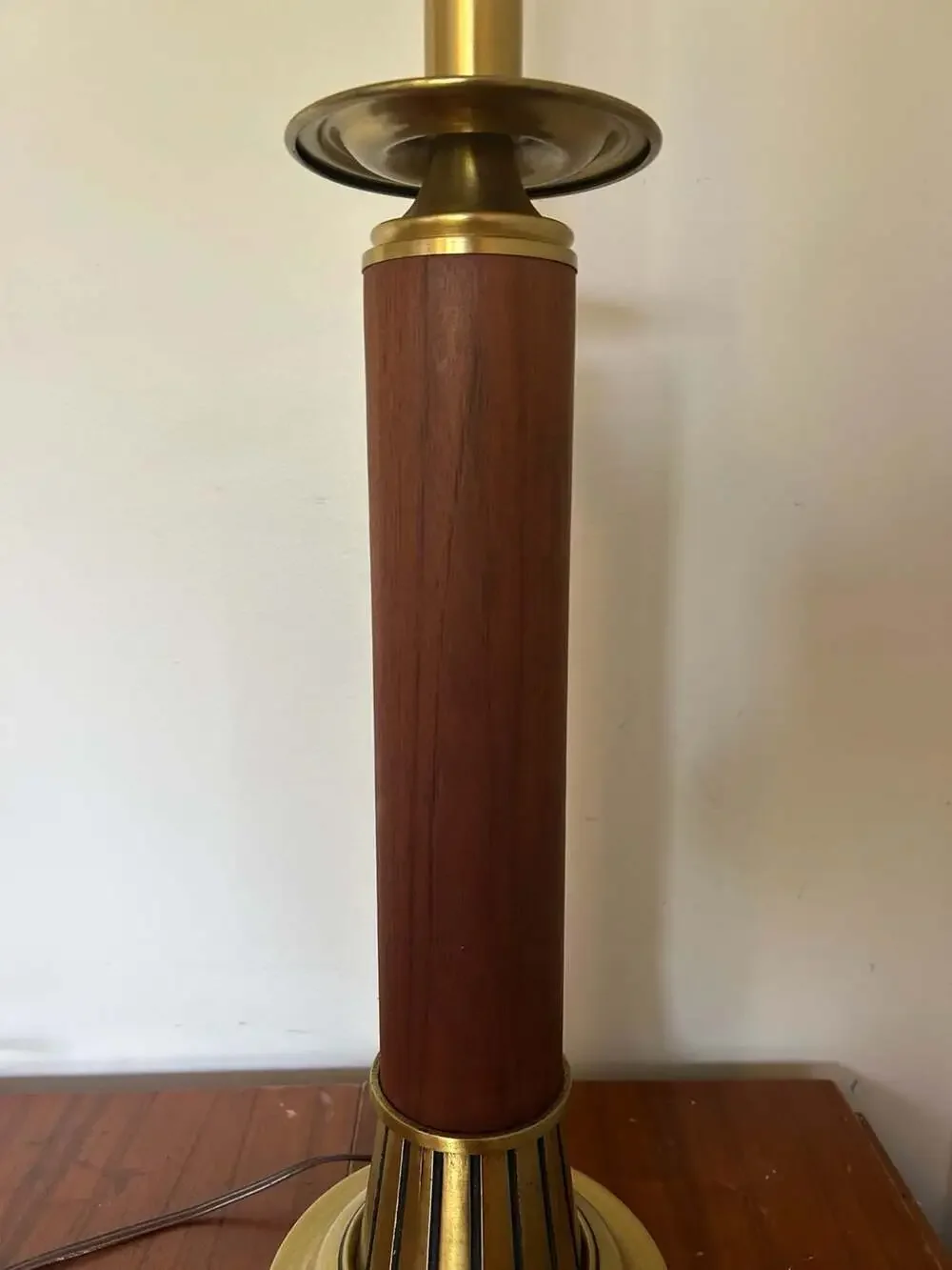 Vintage Mid-Century Modern Teak and Brass Column Table Lamp